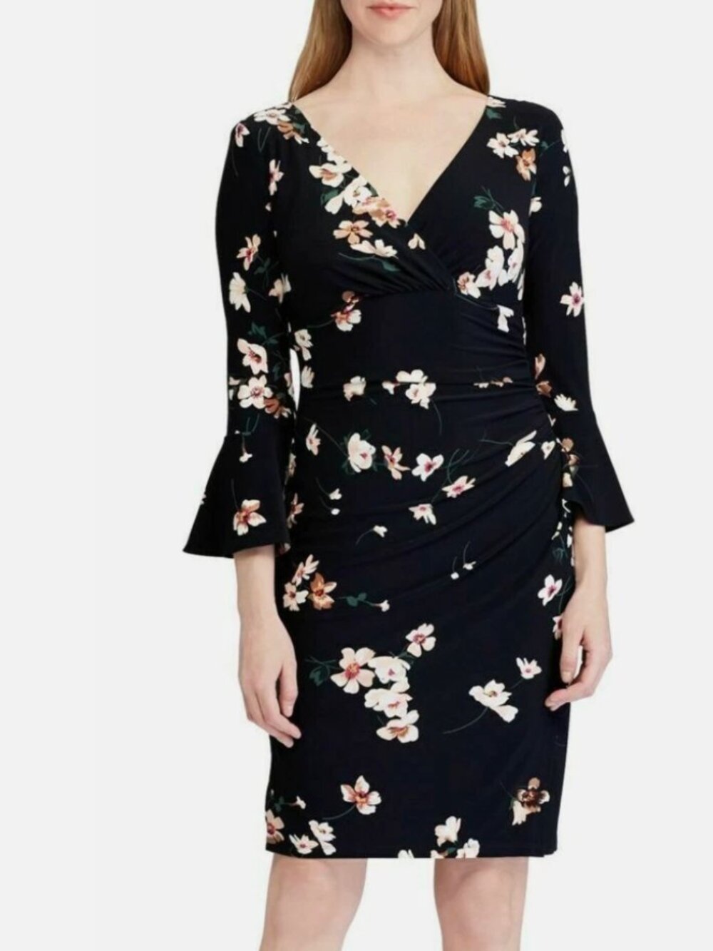 Lauren Ralph Lauren Floral Ruched Wrap Knee Length Dress Navy Size 8